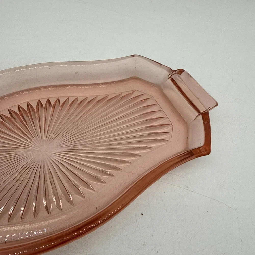 Vintage Pink Depression Glass Tab Handle Starburst Deco Platter Vanity Tray A943